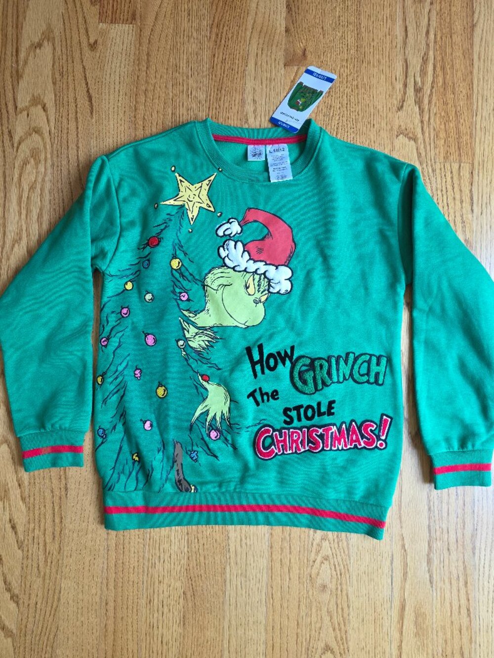 Grinch Youth Crewneck Sweatshirt | 10-12 | Green 3D Embroidered Ugly Christmas